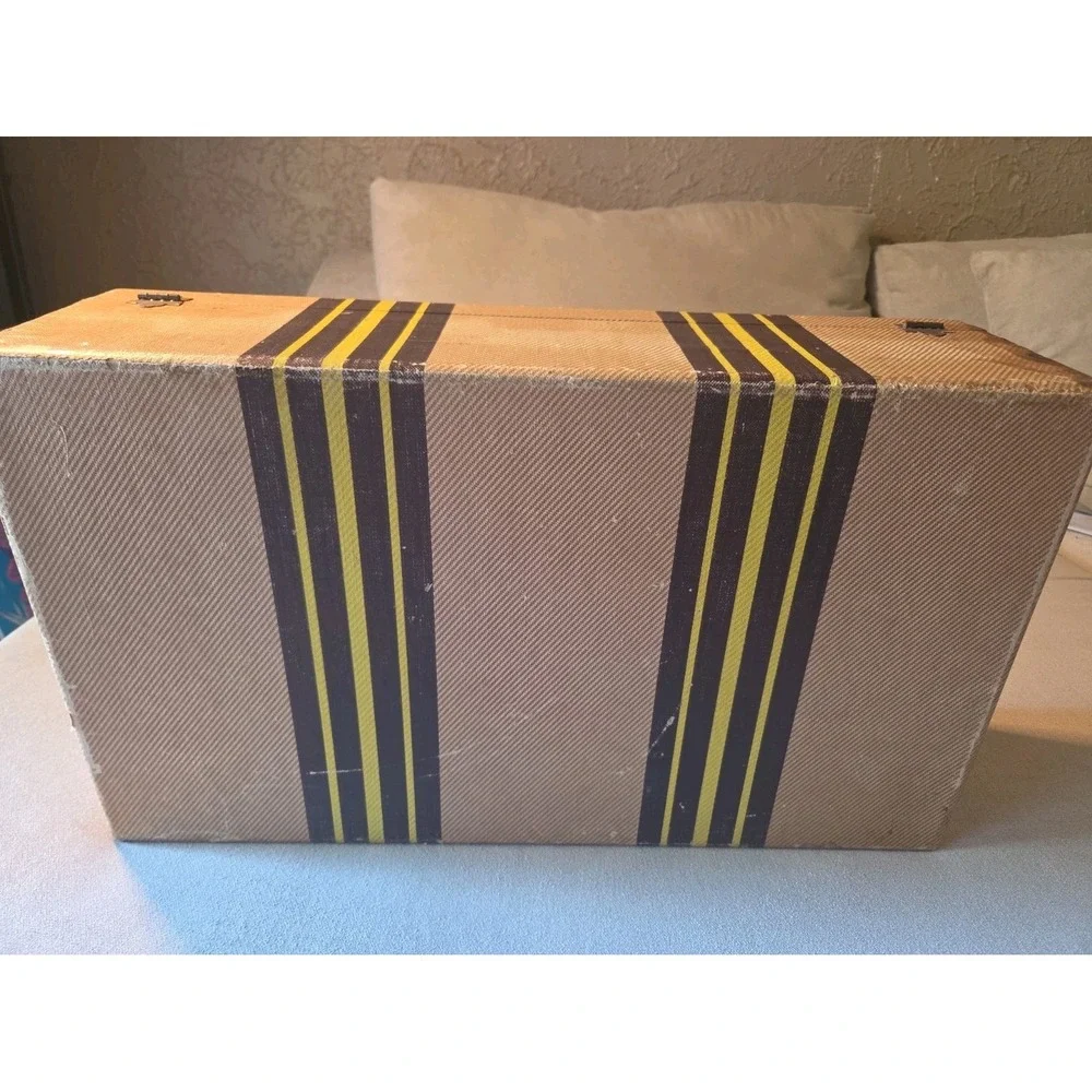 Vintage 1940s Tweed Suitcase Hardcase Luggage Brown & Yellow Stripes Prop Decor